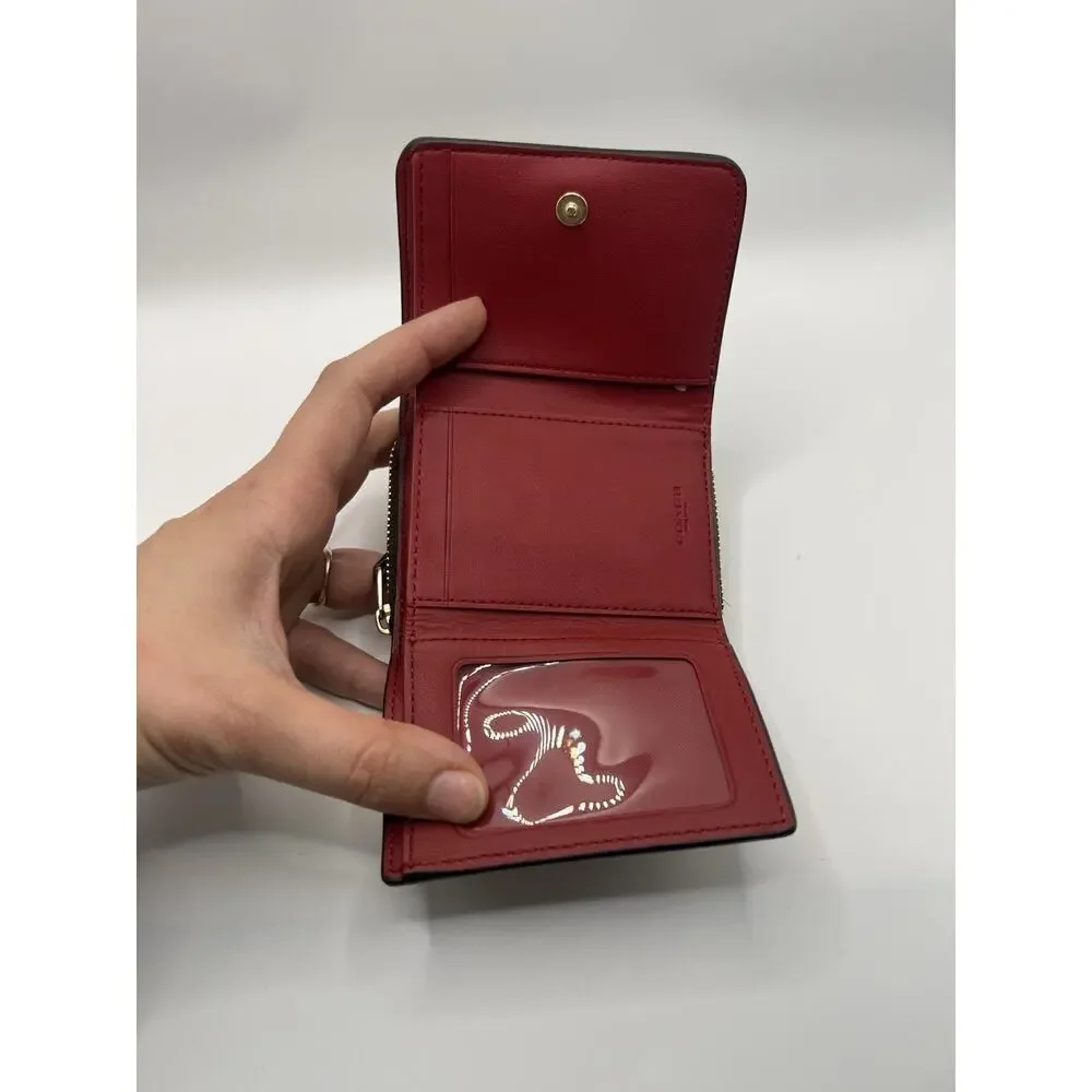 Coach Small Signature Monogram Canvas red leather Trifold Wallet mini compact